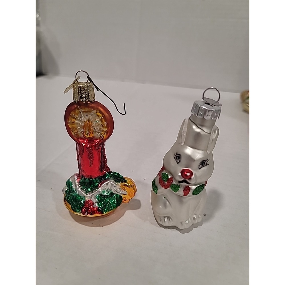 Two old world Christmas glass ornaments Candle stick, Bunny 4 in tall
